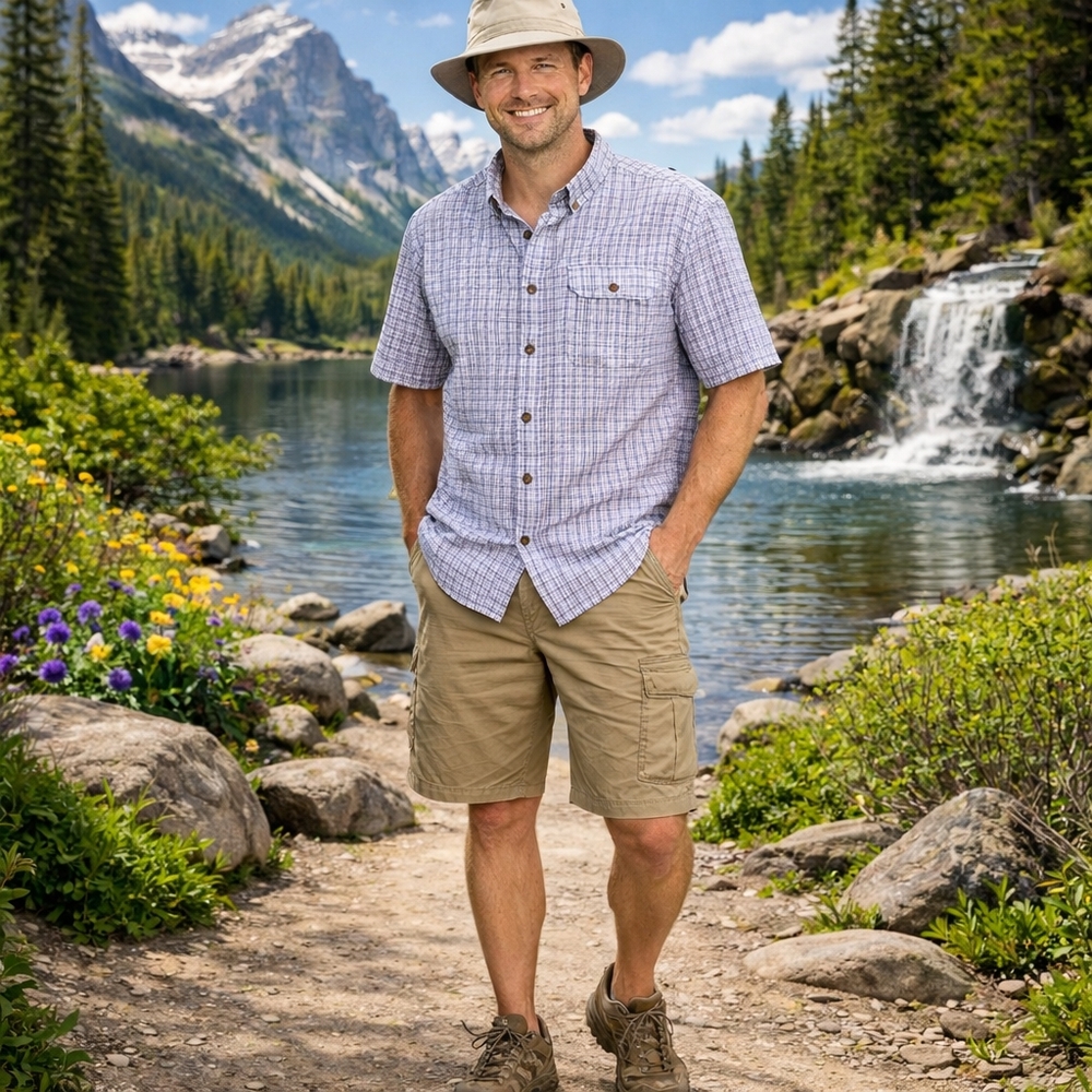 Casual Short-Sleeve Plaid Button-Down Shirt - Blue
